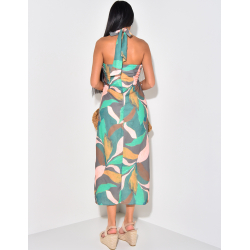 Robe moulante effet lin à motifs imprimés