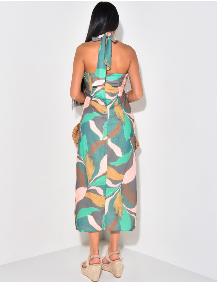 Robe moulante effet lin à motifs imprimés