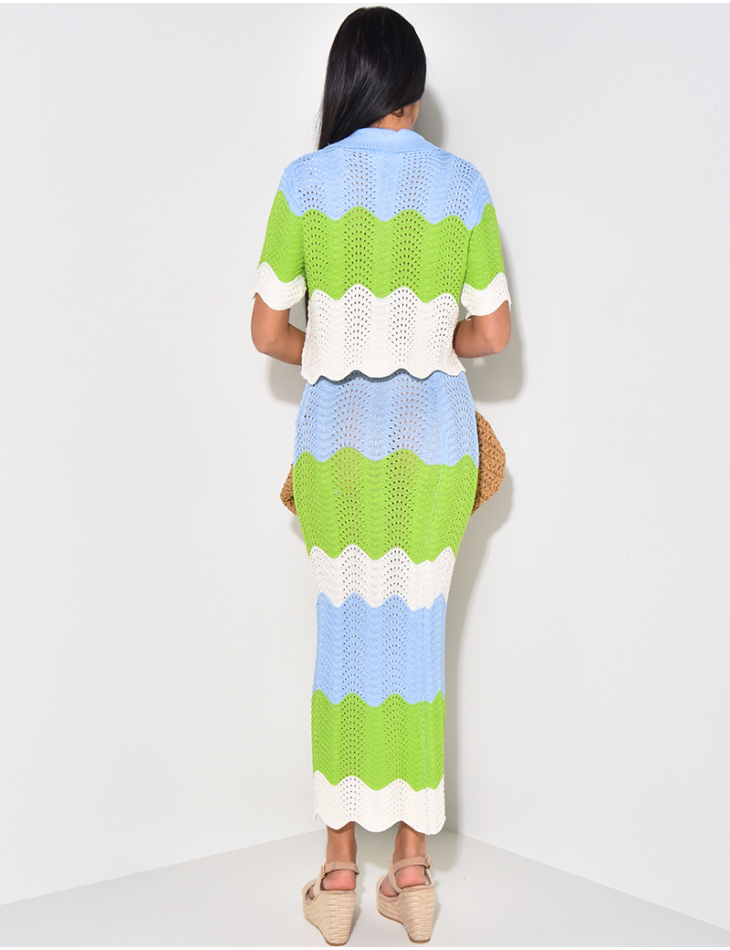 Croptop and multicoloured crochet skirt set Croptop and multicoloured crochet skirt set