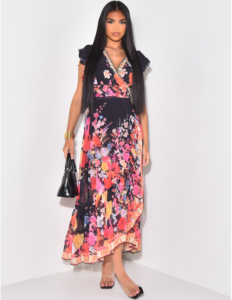 Robe portefeuille en voile imprimé et sous robe