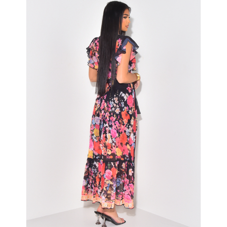 Robe portefeuille en voile imprimé et sous robe Robe portefeuille en voile imprimé et sous robe