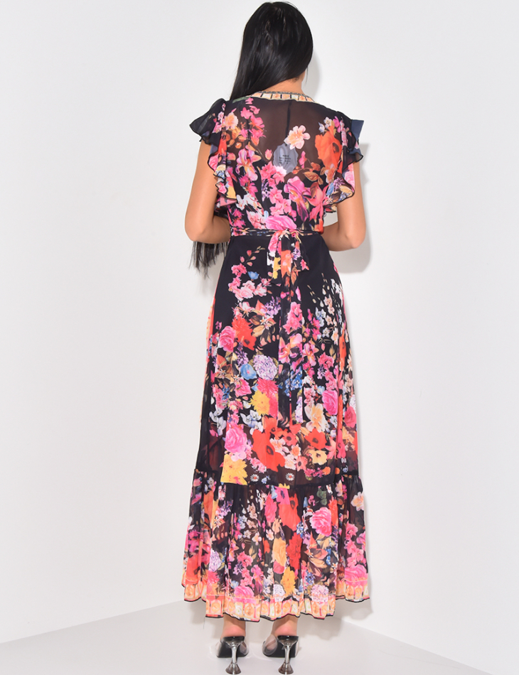 Robe portefeuille en voile imprimé et sous robe Robe portefeuille en voile imprimé et sous robe