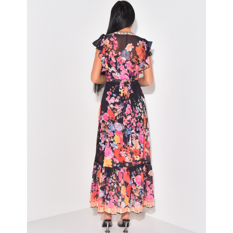 Robe portefeuille en voile imprimé et sous robe Robe portefeuille en voile imprimé et sous robe