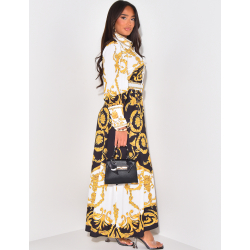 Langes Kleid mit Barockmuster und Taillengürtel