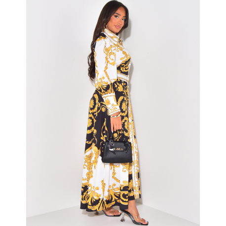 Langes Kleid mit Barockmuster und Taillengürtel