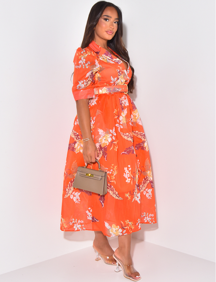 Robe chemise à motif floral avec ceinture