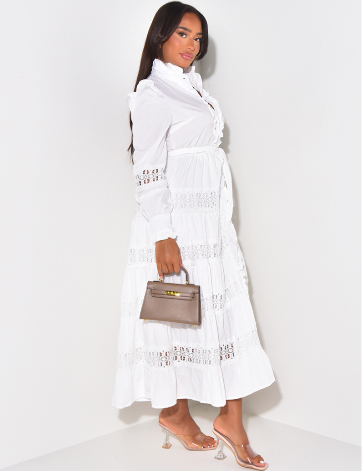 Robe chemise longue à broderies à nouer à la taille