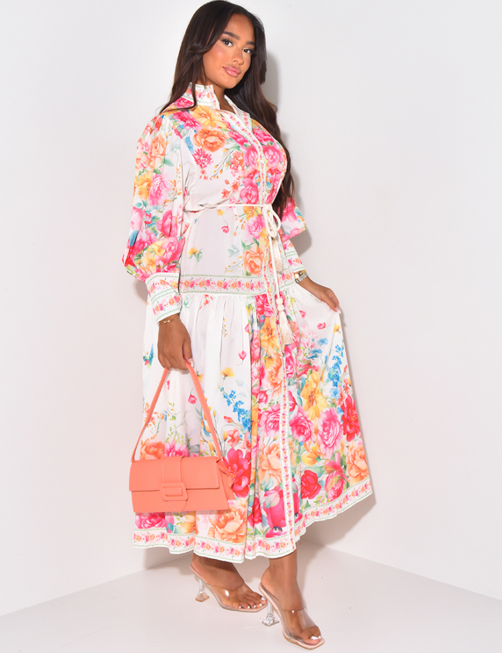 Robe longue imprimé florale avec ceinture corde Robe longue imprimé florale avec ceinture corde