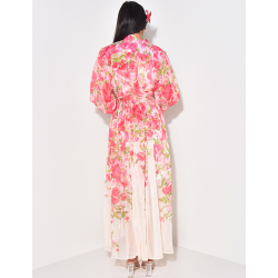 Ensemble robe sans manches et kimono en voile fleuri avec ceinture