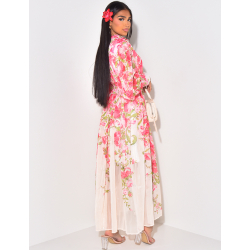 Ensemble robe sans manches et kimono en voile fleuri avec ceinture