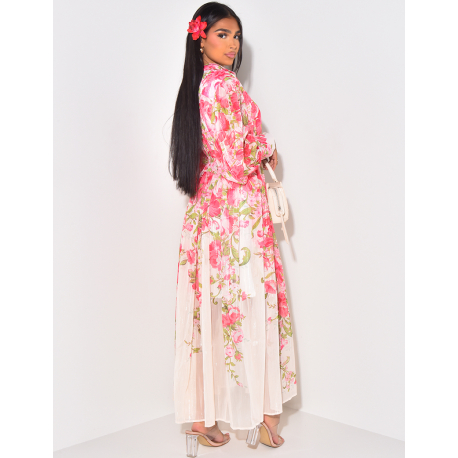 Ensemble robe sans manches et kimono en voile fleuri avec ceinture