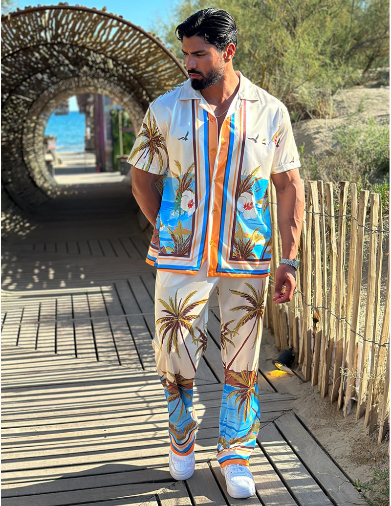 Ensemble pantalon et chemise à motifs en satin