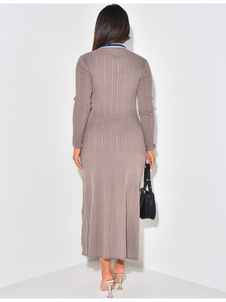 Robe longue côtelée à boutons & bordures contrastantes
