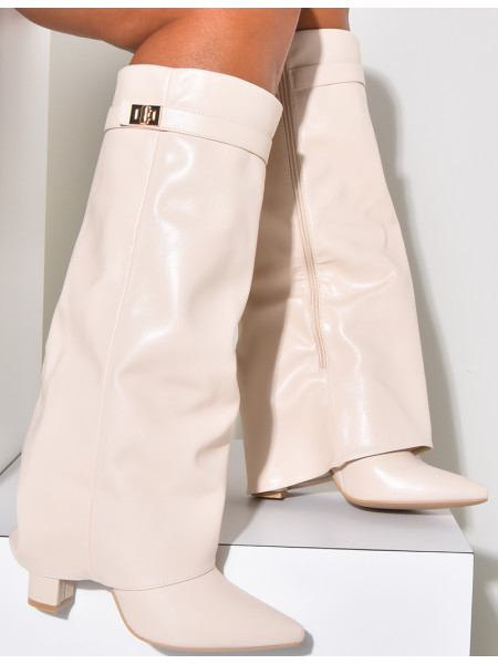 Bottes en similicuir à talons carré et rabat