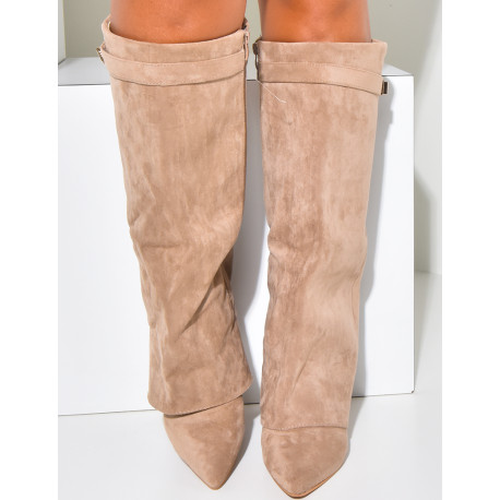 Bottes en suédine à talons carré et rabat