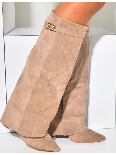 Bottes en suédine à talons carré et rabat