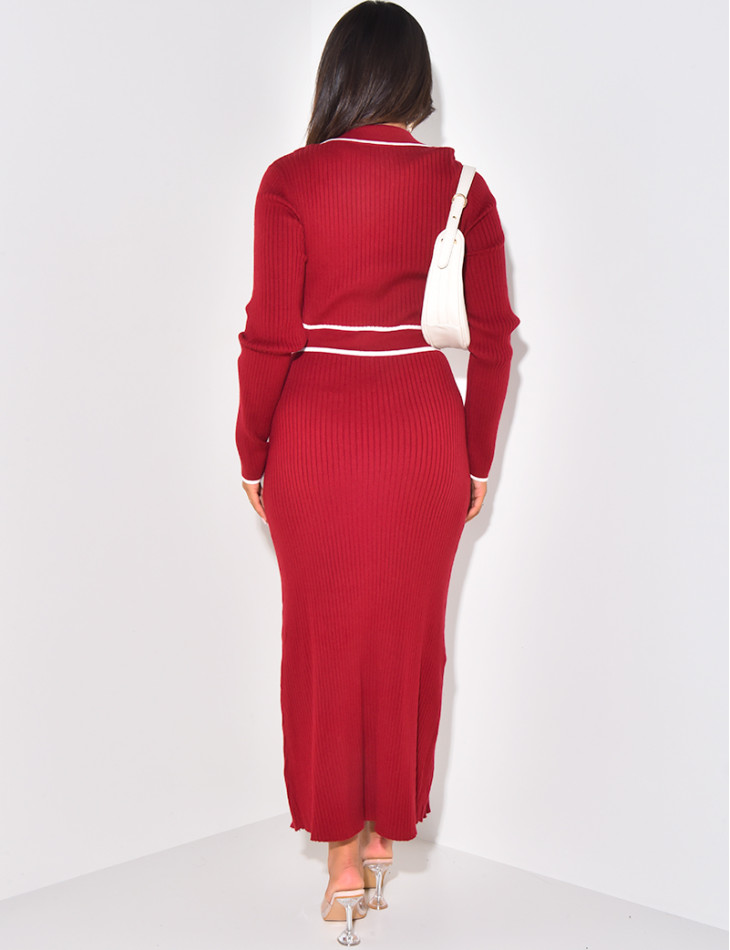 Ribbed maxi dress with contrasting stripes & gold buttons