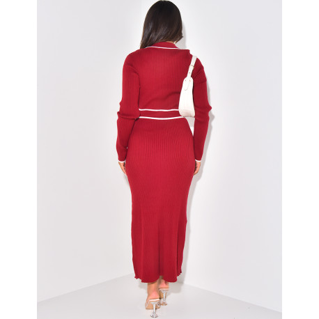 Ribbed maxi dress with contrasting stripes & gold buttons