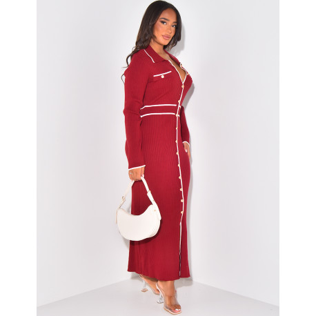 Ribbed maxi dress with contrasting stripes & gold buttons