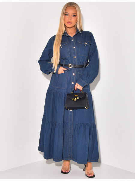 Belted denim maxi dress with pockets