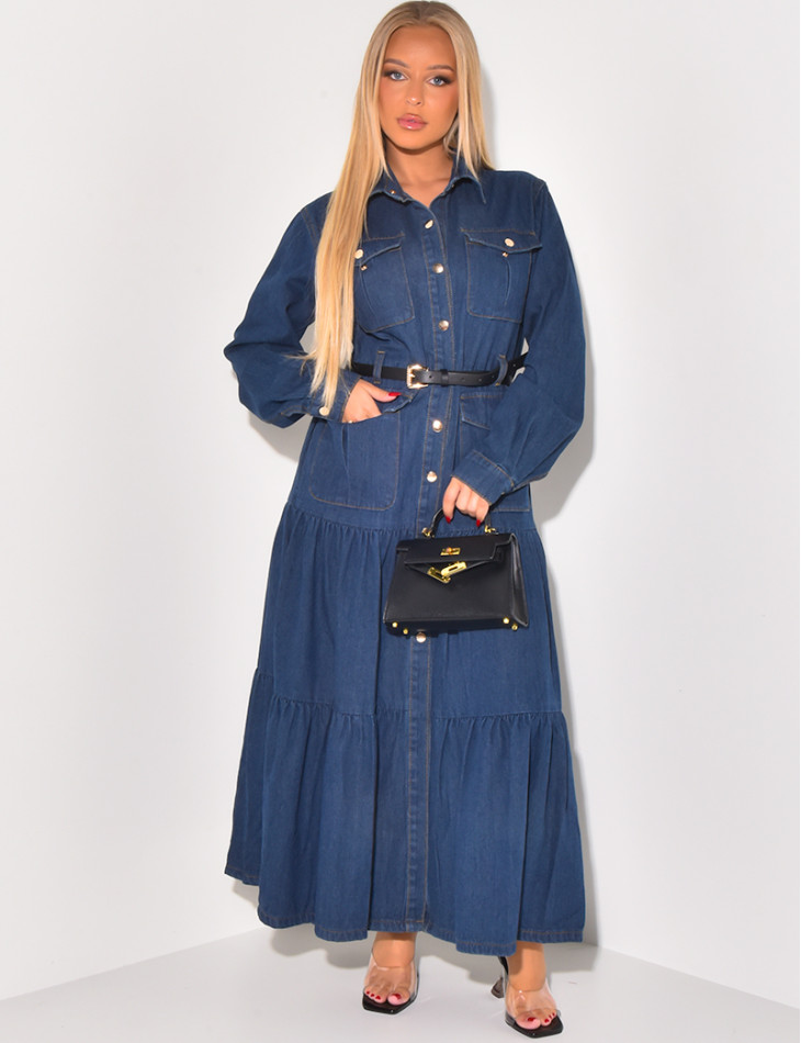 Belted denim maxi dress with pockets