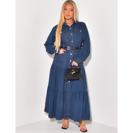 Belted denim maxi dress with pockets