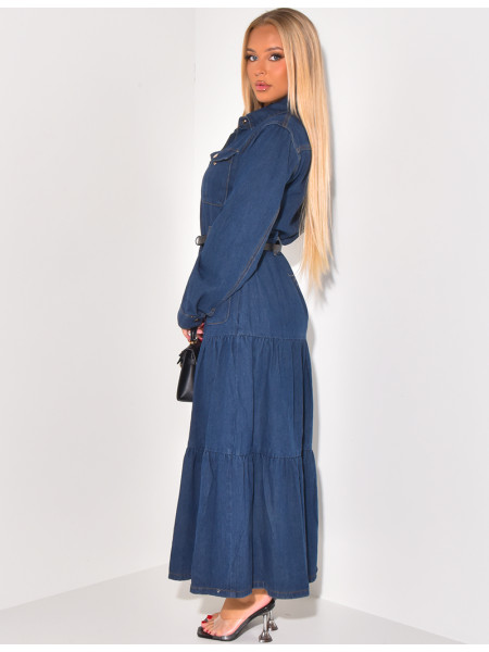 Belted denim maxi dress with pockets