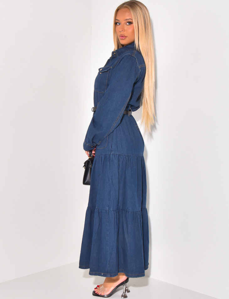 Belted denim maxi dress with pockets