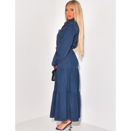 Belted denim maxi dress with pockets