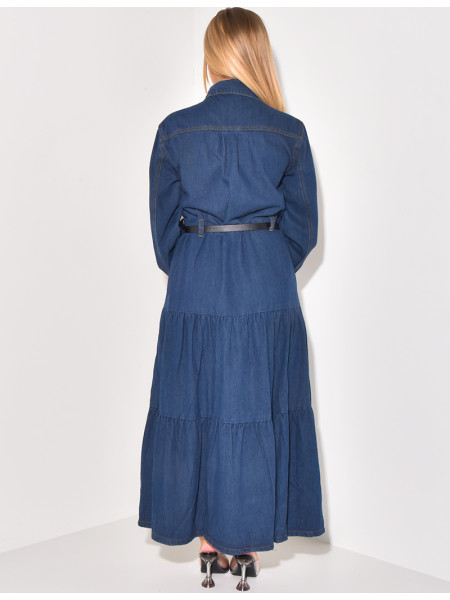 Belted denim maxi dress with pockets