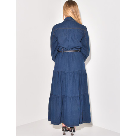Belted denim maxi dress with pockets