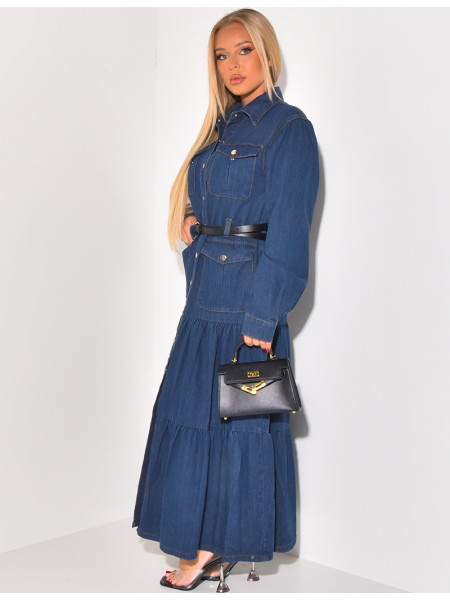 Belted denim maxi dress with pockets