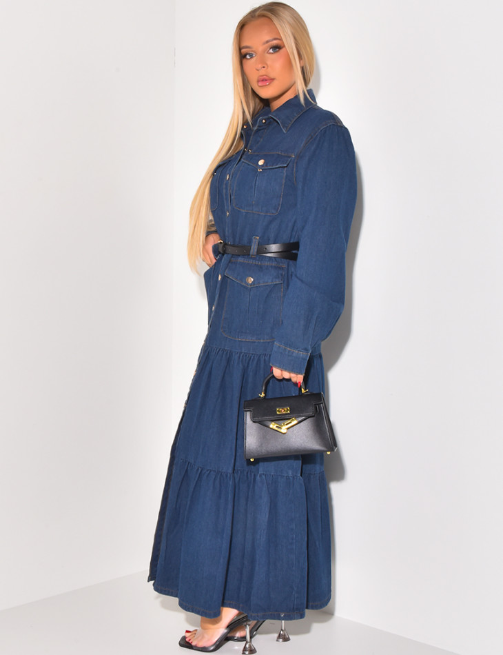 Belted denim maxi dress with pockets