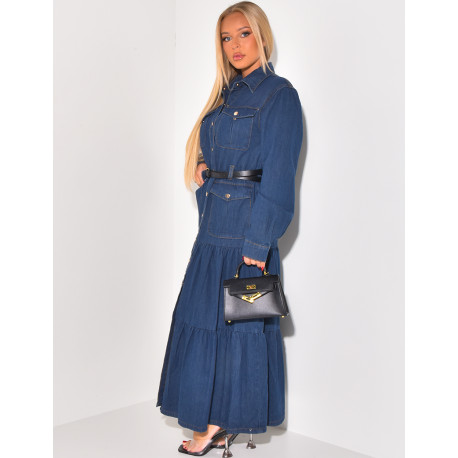 Belted denim maxi dress with pockets