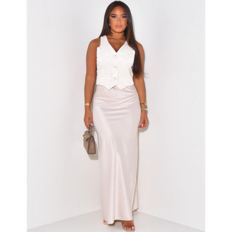 Sleeveless embroidered waistcoat with pearled buttons