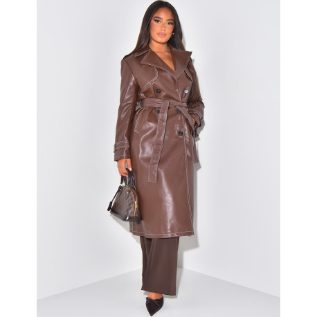 Trench long en similicuir à coutures contrastantes