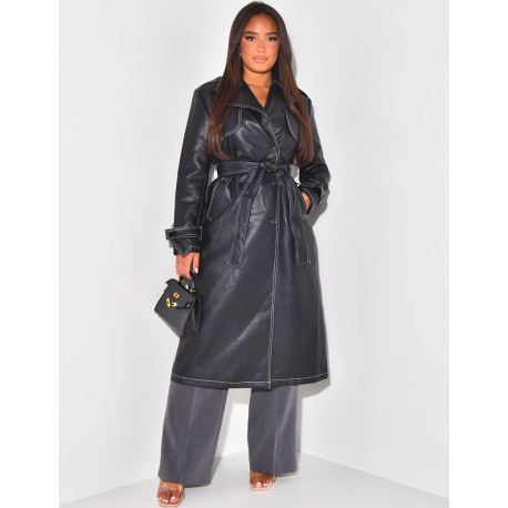 Trench long en similicuir à coutures contrastantes