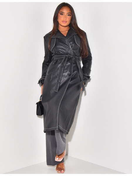 Trench long en similicuir à coutures contrastantes