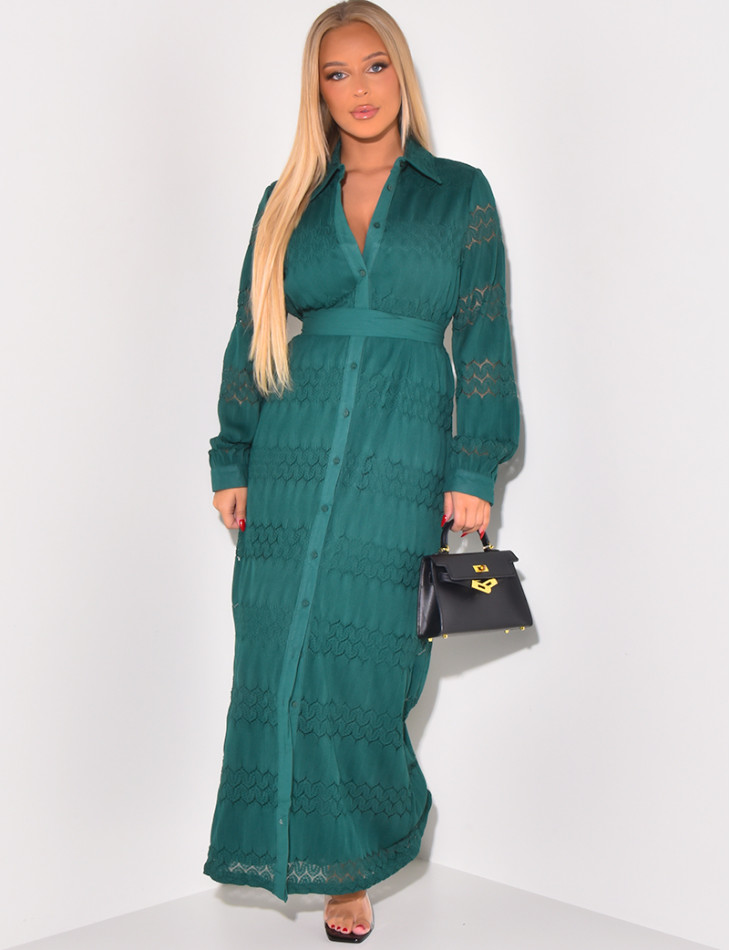 Long lace shirt dress with belt