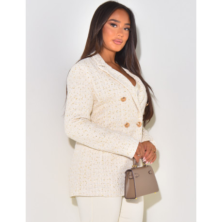 Blazer croisé en tweed à boutons officiers dorés
