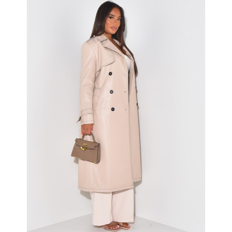 Trench long en similicuir à coutures contrastantes