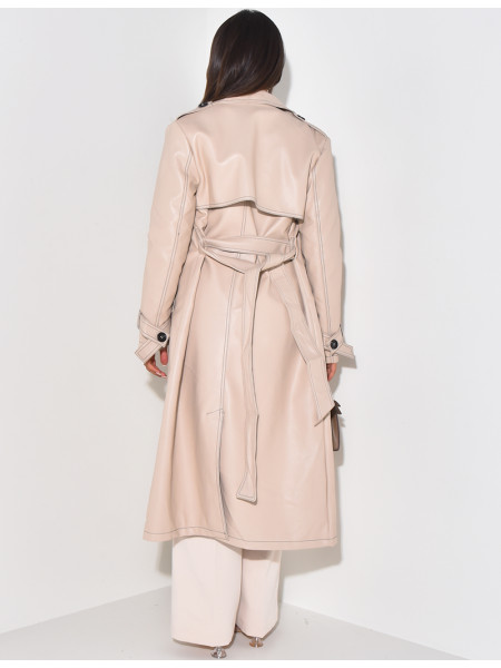 Trench long en similicuir à coutures contrastantes