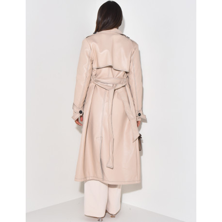 Trench long en similicuir à coutures contrastantes