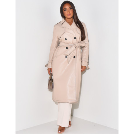 Trench long en similicuir à coutures contrastantes