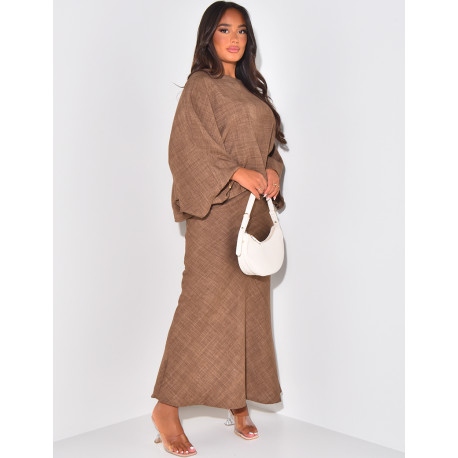 Long skirt and loose linen-effect top set