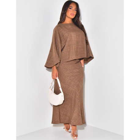Long skirt and loose linen-effect top set