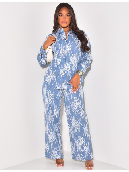 Set aus Hemd und gerader Hose aus Spitze und Jeans.