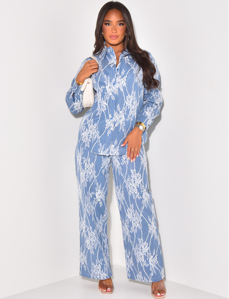 Set aus Hemd und gerader Hose aus Spitze und Jeans.