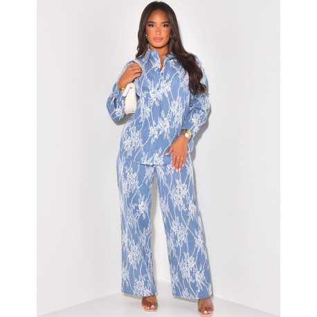 Set aus Hemd und gerader Hose aus Spitze und Jeans.