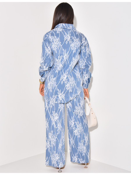 Set aus Hemd und gerader Hose aus Spitze und Jeans.